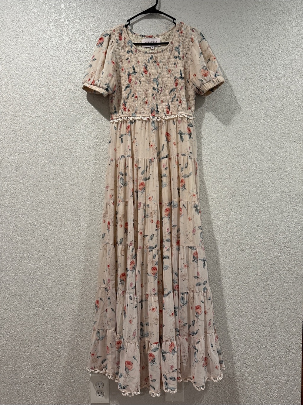 JessaKae Cream Floral Smocked Maxi Dress with Puff Sleeves